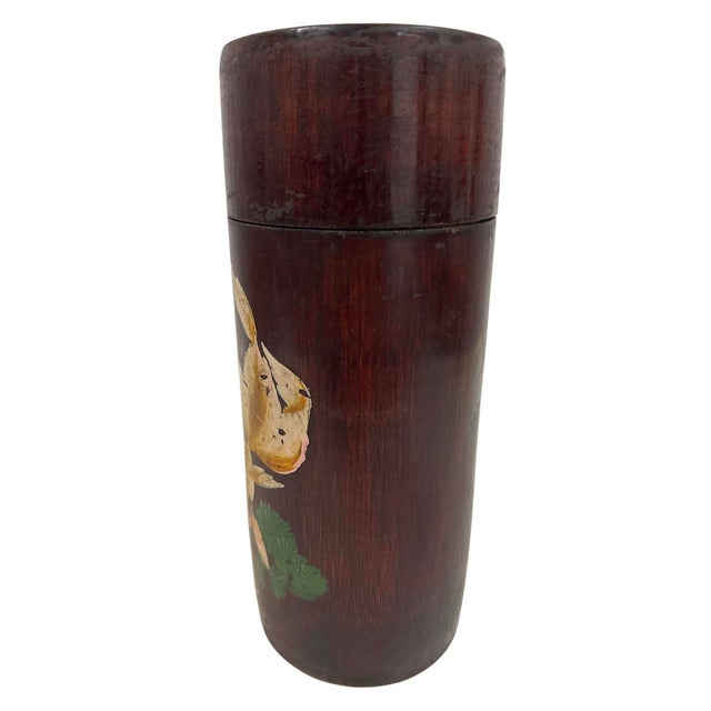 Wood Mid-20th Century Antique Chinese Hand-Painted Cylindrical Bamboo Tea Caddy For Sale - Image 7 of 9