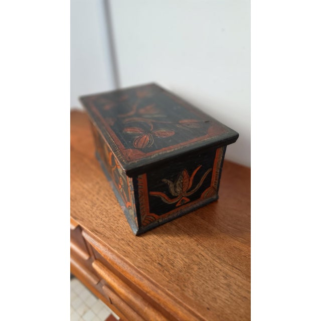Folk Art 18th Century Folk Art Painted Wooden Box Antique Hand Painted Keepsake Chest Primitive Scandinavian Storage Box For Sale - Image 3 of 9