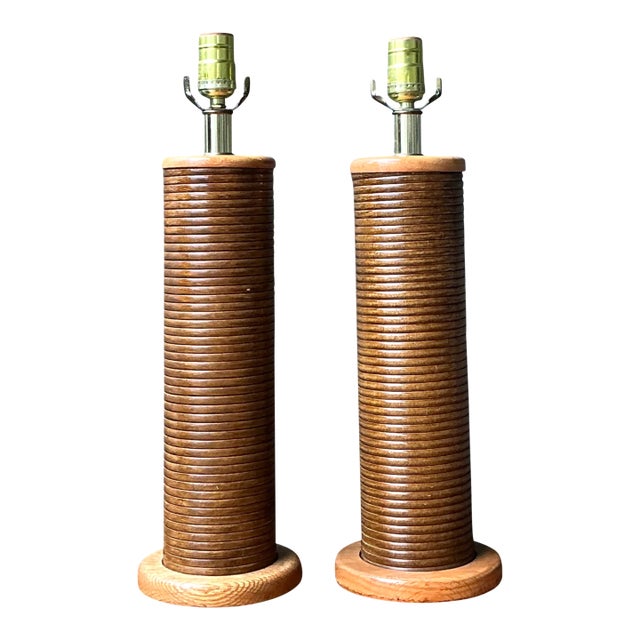 Vintage Pencil Reed Cylinder Lamps - A Pair For Sale