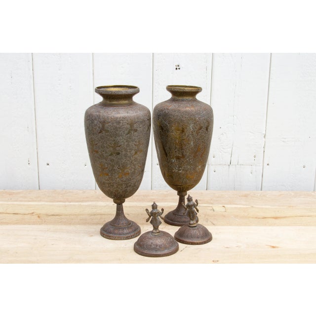 1960s Pair of Midcentury Brass Engraved Vessels For Sale - Image 5 of 10