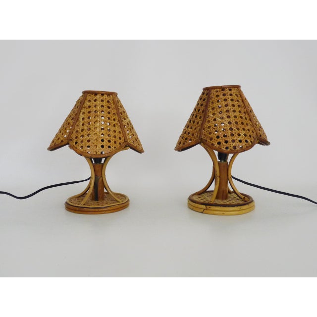 Vintage Bamboo and Rattan Lamps with Caning, 1950s, Set of 2 For Sale - Image 3 of 8