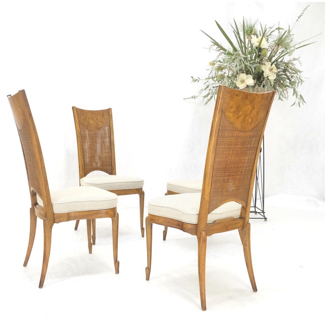 Tomlinson Set 4 Burl Wood Cane Back NEW Upholstery Dining Chairs Mid Century Modern MINT! For Sale - Image 4 of 15