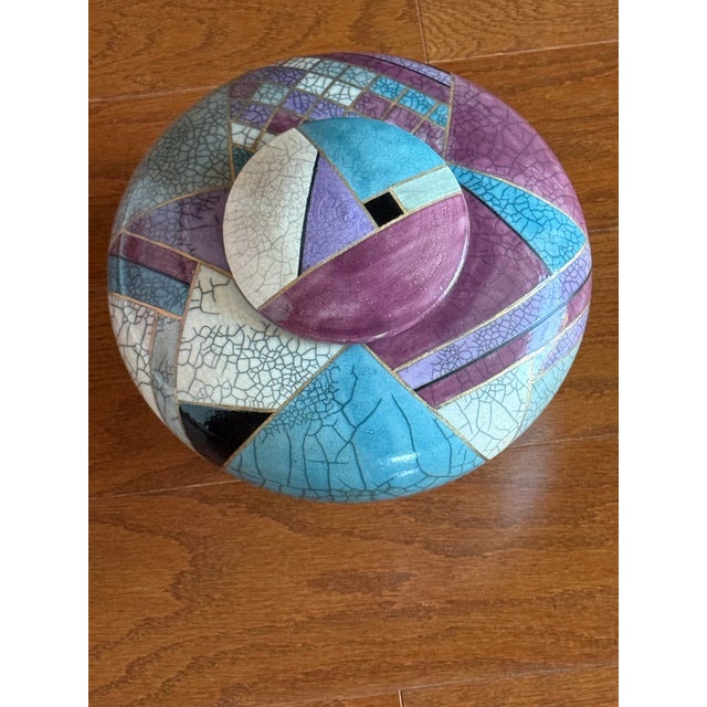 1998 Postmodern Mindy Brunn Handmade Geometric Signed and Dated Raku Ceramic 10" Centerpiece Lidded Vessel / Art Pottery For Sale - Image 12 of 18