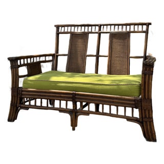 Vintage Bamboo Settee With Custom Lime Green Cushion & Pink Piping – Palm Beach Regency Style For Sale