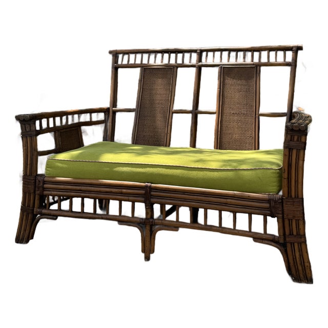 Vintage Bamboo Settee With Custom Lime Green Cushion & Pink Piping – Palm Beach Regency Style For Sale