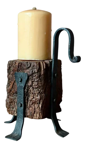 Brutalist Candleholder in Wood and Wrought Iron
