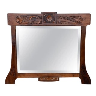 1920 Antique Arts & Crafts Carved Oak Wall Mirror For Sale