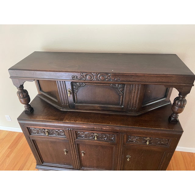 English Antique 1920s Jacobean Revival Carved Oak Court Cupboard Buffet For Sale - Image 3 of 5
