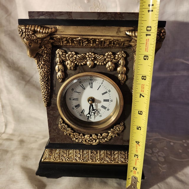 1970s Neoclassical Empire Revival Rose Breccia Marble & Gilt Metal Mantel Clock For Sale - Image 10 of 17