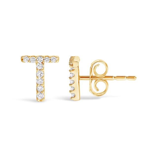 Contemporary 10K Yellow Gold 1/10 Cttw Diamond 'T' Initial Stud Earring For Sale - Image 3 of 5