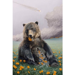 In the House of the Bear by Criminy Johnson | Oil on canvas Bear in a field of flowers with a cosmic backdrop For Sale