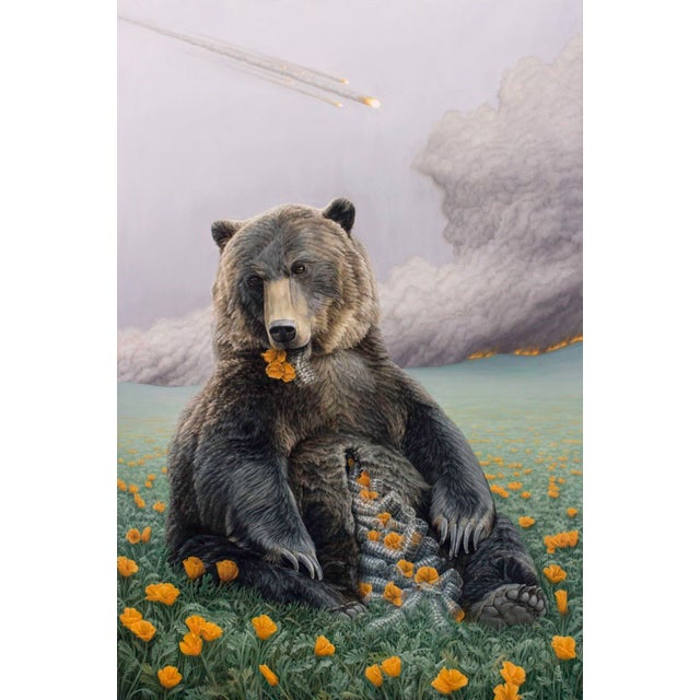 In the House of the Bear by Criminy Johnson | Oil on canvas Bear in a field of flowers with a cosmic backdrop For Sale