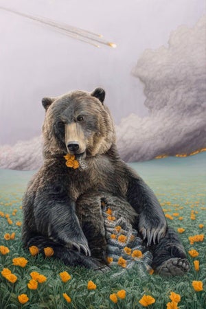 In the House of the Bear by Criminy Johnson | Oil on canvas Bear in a field of flowers with a cosmic backdrop