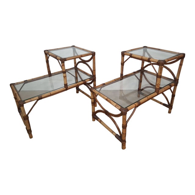Vintage Pair of Bamboo & Rattan 2 Tiered Glass Top End Tables For Sale