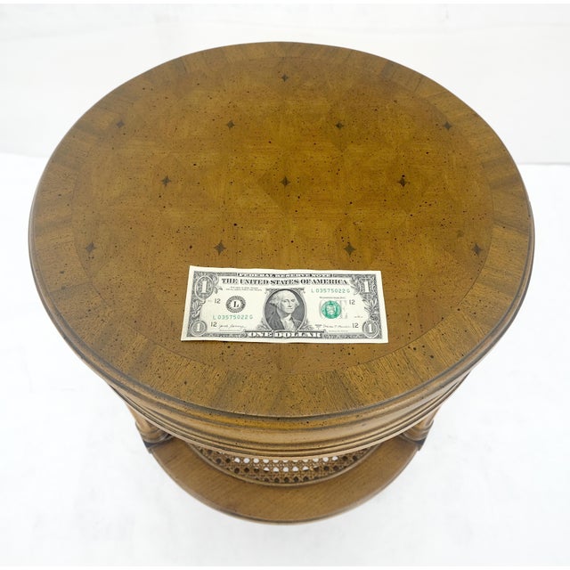 John Widdicomb Marquetry Top Two Tier Cane Shelf 18" Diameter Lamp Side Center Table Stand For Sale - Image 4 of 12
