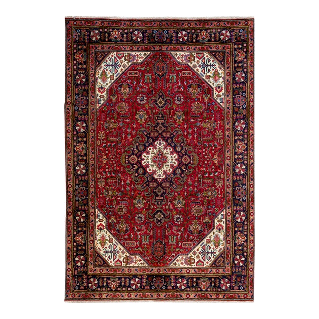 1960s Vintage Persian Tabriz Handmade Medallion Red Wool Rug For Sale