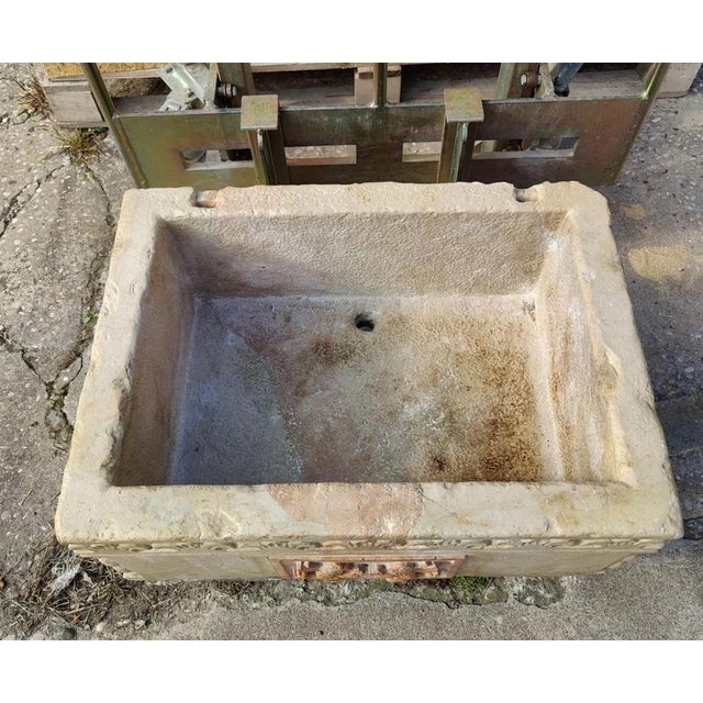 Carved Botticino Marble Sink with Central Red Verona Marble Inlay For Sale - Image 4 of 9
