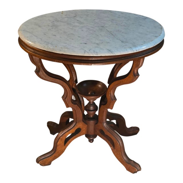 Victorian Eastlake Oval Marble-Top Walnut Parlor Table, C. 1880 For Sale