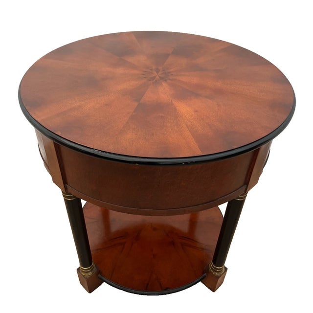 Traditional Round Table With Drawer Note Pull Bottom Shelf Empire Style Century Furniture For Sale - Image 3 of 9