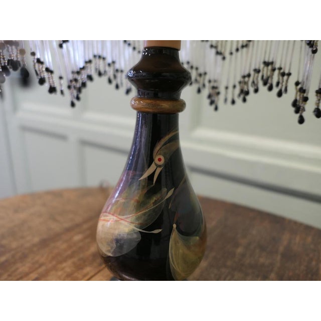 Brown French Ceramic Table Lamp with Beaded Shade, 1960 For Sale - Image 8 of 9