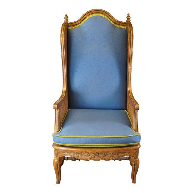 Vintage Thomasville Louis XV Style Parquetry Oak Carved Library Wingback Chair For Sale