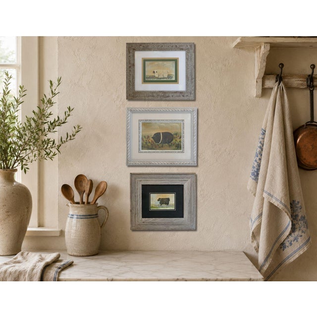 A charming mid century American folk art watercolor depicting a fluffy sheep in a colorful meadow. Unsigned and...