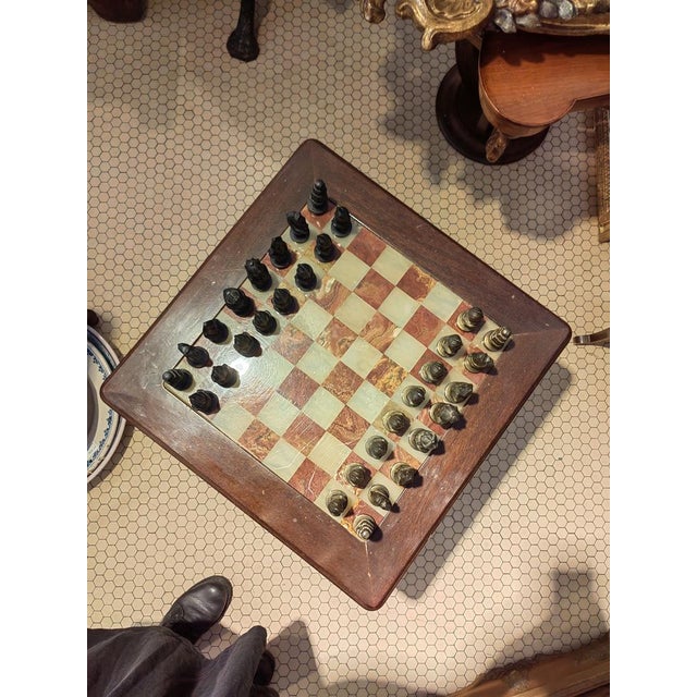Rosewood Chess Table with Marble Top and Chess Set in Brass and Bronze, 1930s For Sale - Image 3 of 15