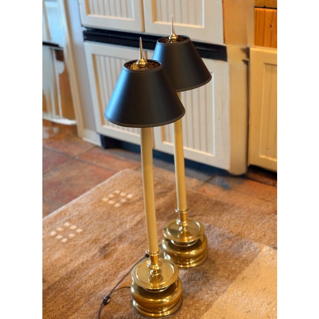 1980s Chapman Tall Buffet Cast Brass Table Lamps With Original Black Shades - a Pair For Sale - Image 10 of 17