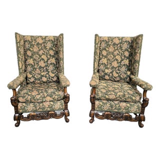 Jacobean Walnut Wing Library Armchairs, Set of 2 For Sale