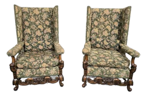 Jacobean Walnut Wing Library Armchairs, Set of 2