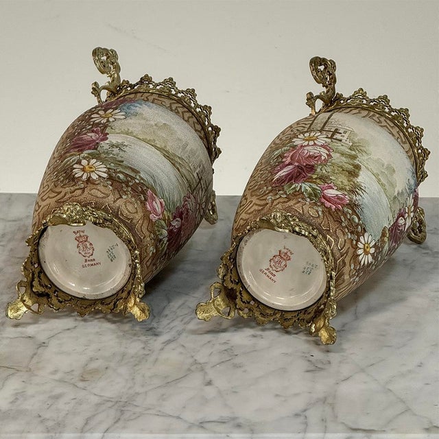 Pair of 19th Century French Gilt Bronze Mounted Hand-Painted Porcelain Vases by Royal Bonn For Sale - Image 18 of 18