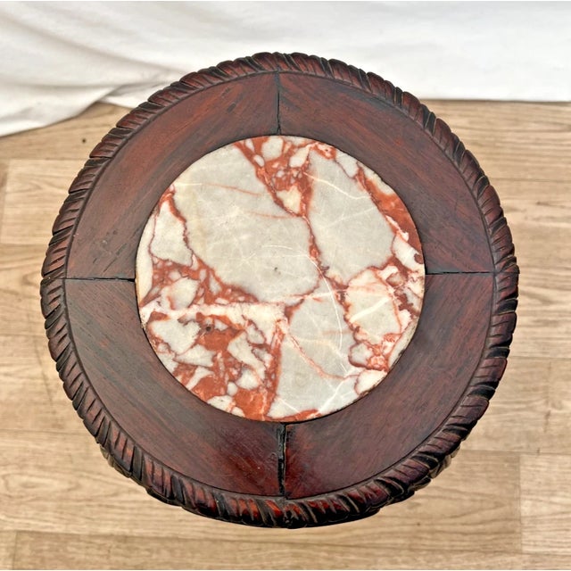 French Plant Stand Table, Hand Carved Lattice Marble Top, Dark Mahogany Petite For Sale In Palm Springs - Image 6 of 9