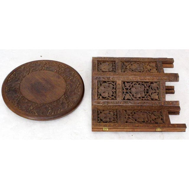 Fine carved teak occasional table stand pedestal, folding base.