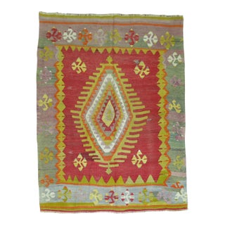 Turkish Kilim 20th Century Flat-Weave Colorful Rug - 4'2" x 5' For Sale