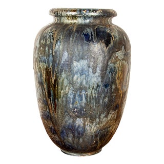 Large Art Deco Vase in Glazed and Iridescent Blue Stoneware by Roger Guérin, 1930s For Sale