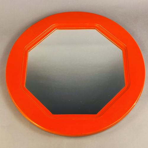 Round Octagonal Mirror in Orange Wood, 1970s For Sale - Image 4 of 4