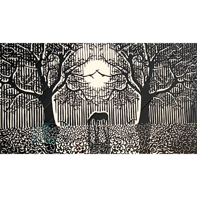 Scherenschnitte is the fine Art of paper cutting. This expert cut, very detailed scene of a horse in a forest in the...