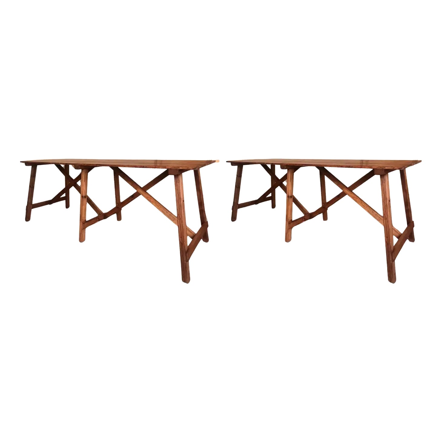 Antique Spanish Rustic Pine Dining Tables with Stretcher, 1890, Set of ...