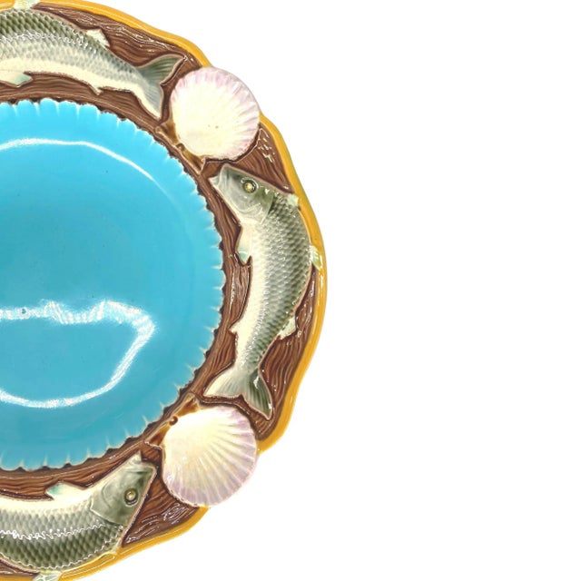 Victorian Minton Majolica Seafood Plate With Fish and Shells, English, Dated 1873 For Sale - Image 3 of 8