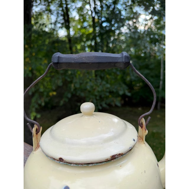 20th Century Rustic Enamel Yellow Tea Kettle Cottage Decor or Planter For Sale - Image 10 of 16