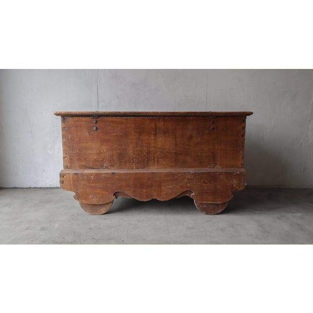 Massive 5ft Antique Carved Teak Wheeled Dowry Chest For Sale - Image 4 of 11