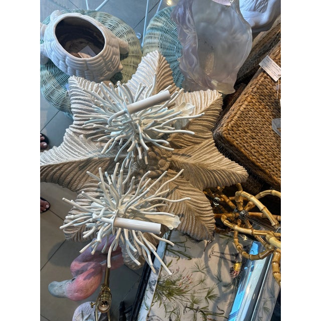 Vintage Pair Palm Beach Coral Metal Tole Wall Sconces Lights Newly Wired White For Sale - Image 4 of 12