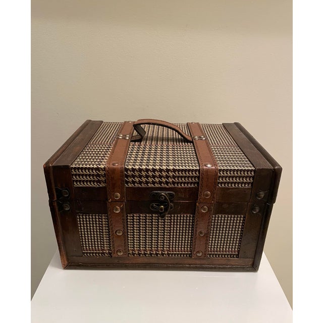 This is a beautifully crafted vintage storage box featuring genuine leather trim, brass-tone hardware, and a richly...