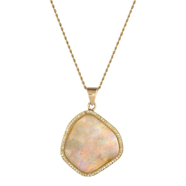 Natural Opal Diamond 18k Yellow Gold Freeform Pendant Necklace For Sale