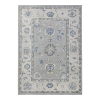 Turkish Oushak Rug Gray & Blue Handwoven Wool Rug 4'10" X 6'10" For Sale