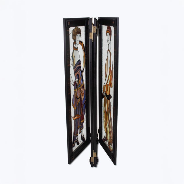 This exquisite four-panel stained glass screen divider embodies the design sensibilities of the Art Deco era. The outer...