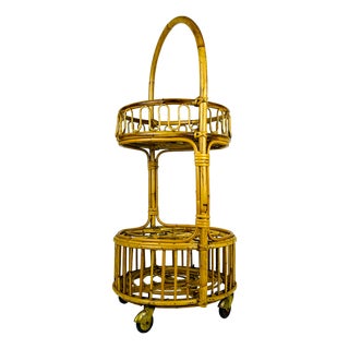 Vintage Bamboo and Rattan Round Service Bar Cart, 1960s For Sale