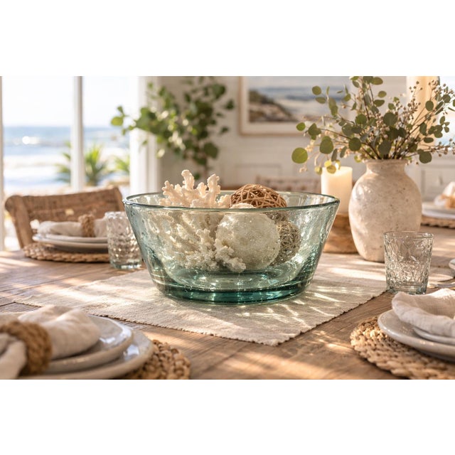 Glass Mid 20th Century Organic Modern Handcrafted Artisan Blown Glass Centerpiece Bowl in Soft Aqua Green For Sale - Image 7 of 9