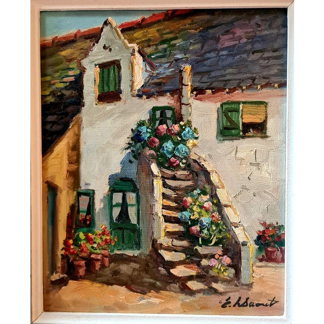 Edouard Le Saout, Geraniums and Flowers on a Cottage Staircase, 1950s, Oil on Canvas For Sale - Image 11 of 11