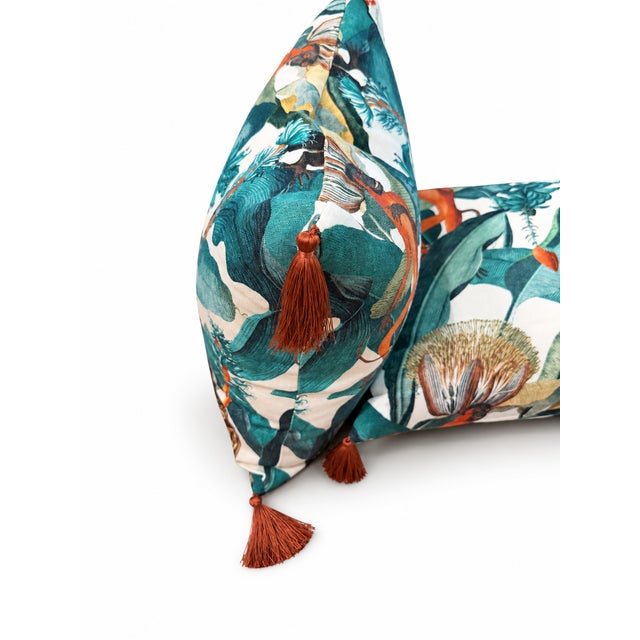 Hollywood Regency Pair of Custom Tropical Monkey Print Linen Pillows With Tassels For Sale - Image 3 of 3
